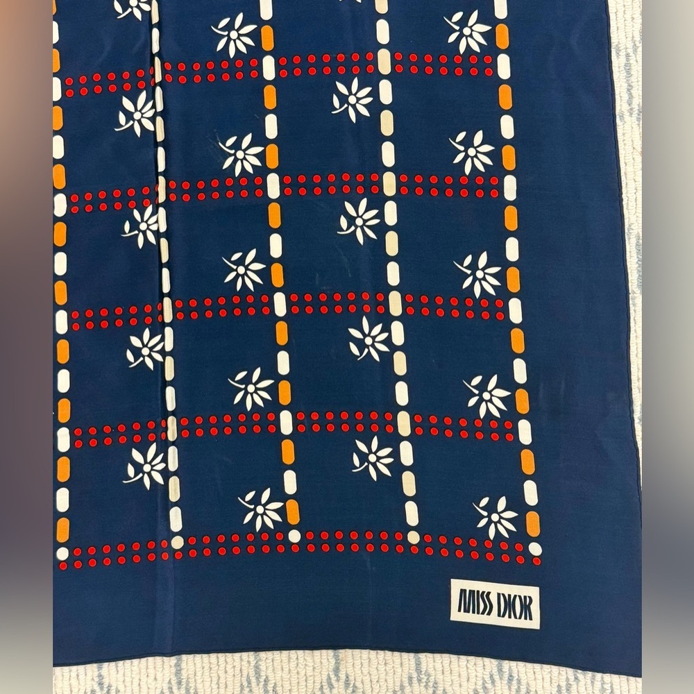 CHRISTIAN DIOR Vintage Y2K 70’s 100% Silk Navy/Multicolor Geometric Floral Scarf - Picture 3 of 11